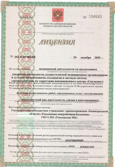 Лицензия Токсовская межрайонная больница