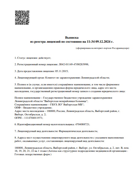 Лицензия Межрайонная больница в Выборге